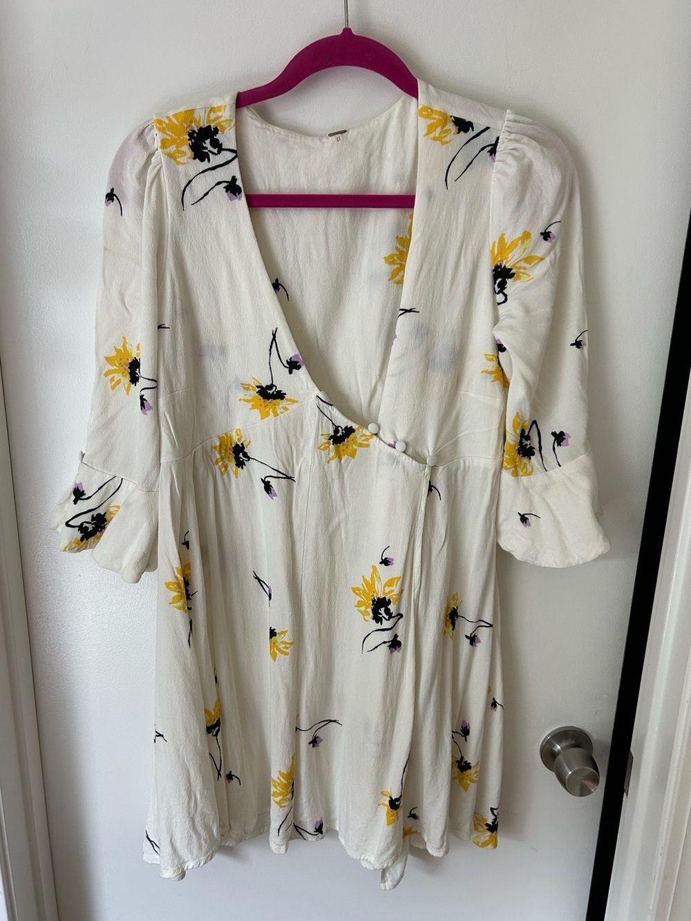 Free People White Floral V-Neck Dress with Yellow Blooms